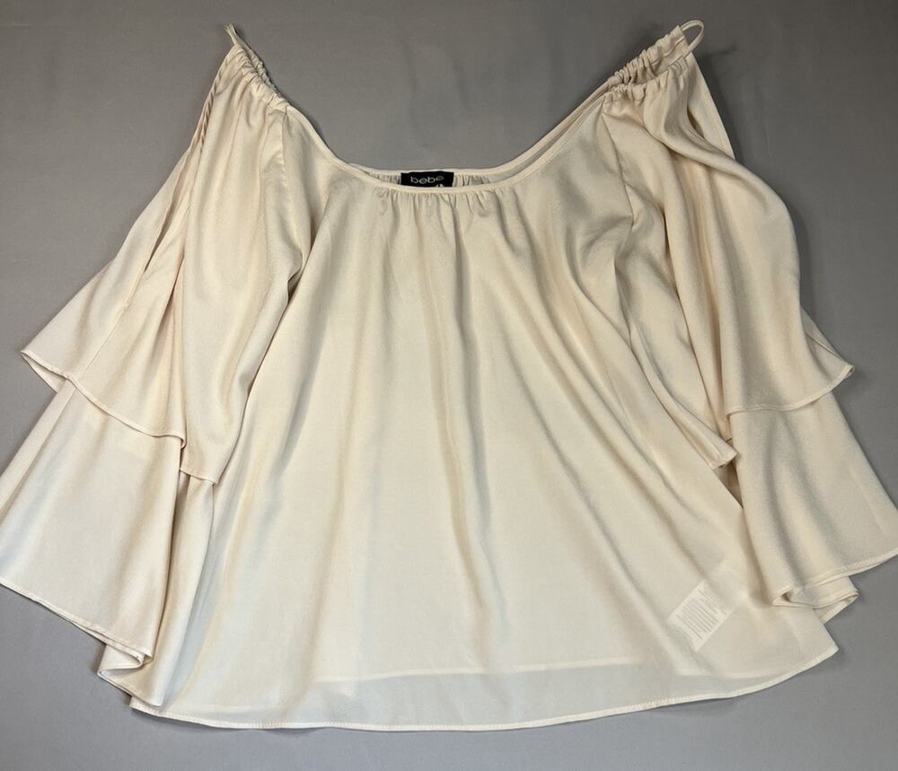 Bebe Women's Romantic Sheer Top Beige Boho Cold Shoulder Ruffle Sleeve Sz Medium
